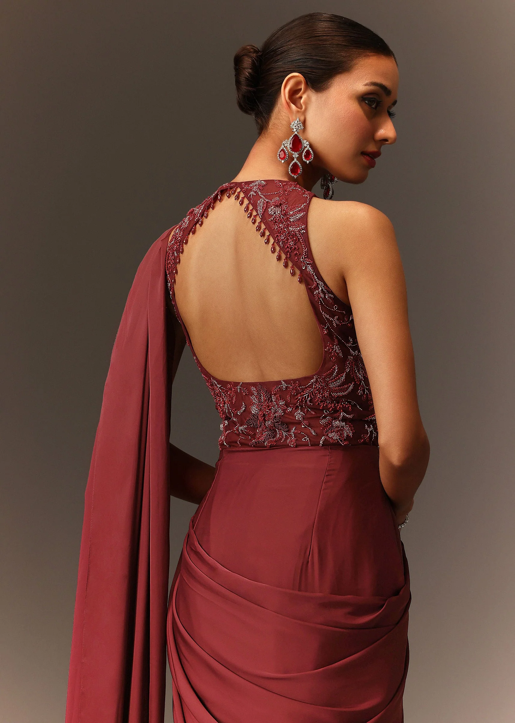 Masala Maroon Net Satin Draped Saree With Hand Embroidered Blouse
