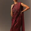 Masala Maroon Net Satin Draped Saree With Hand Embroidered Blouse