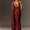 Masala Maroon Net Satin Draped Saree With Hand Embroidered Blouse