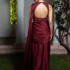Masala Maroon Net Satin Draped Saree With Hand Embroidered Blouse