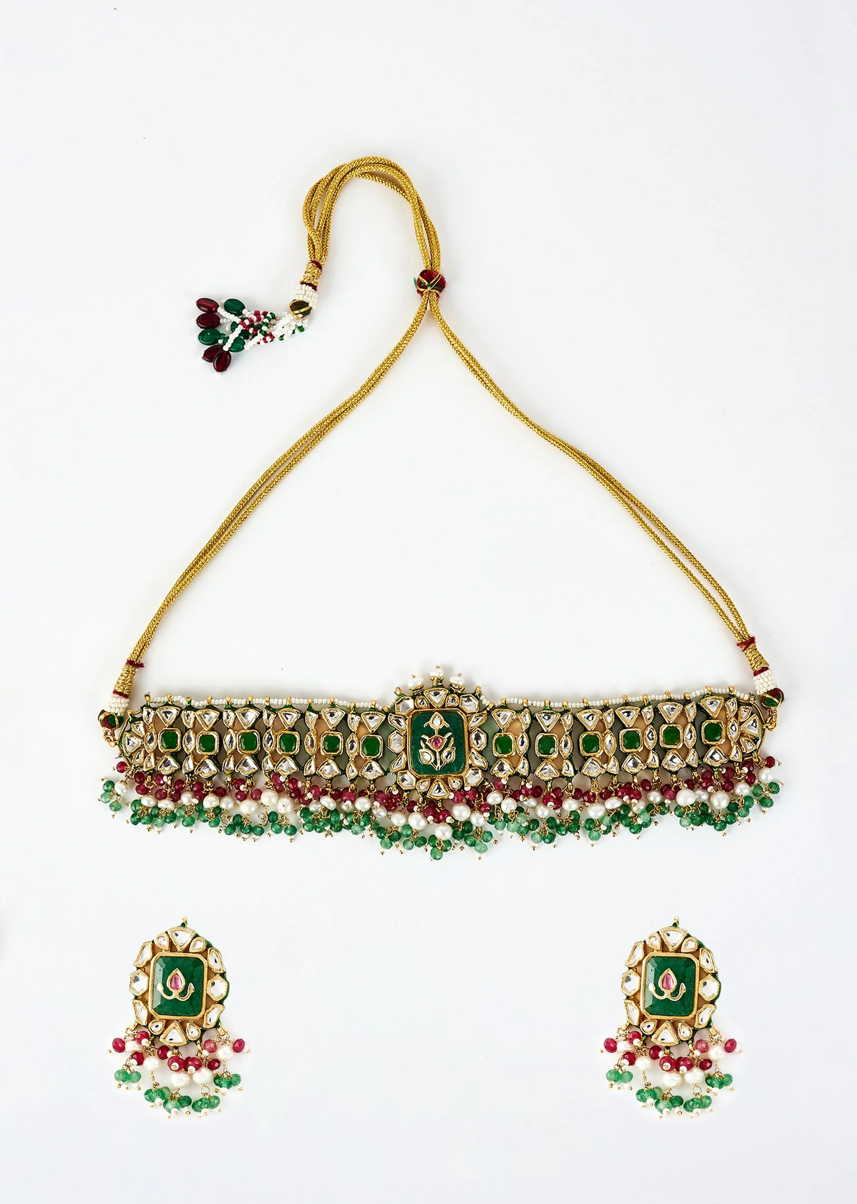 Green Kundan Polki Choker Necklace Set With Earrings