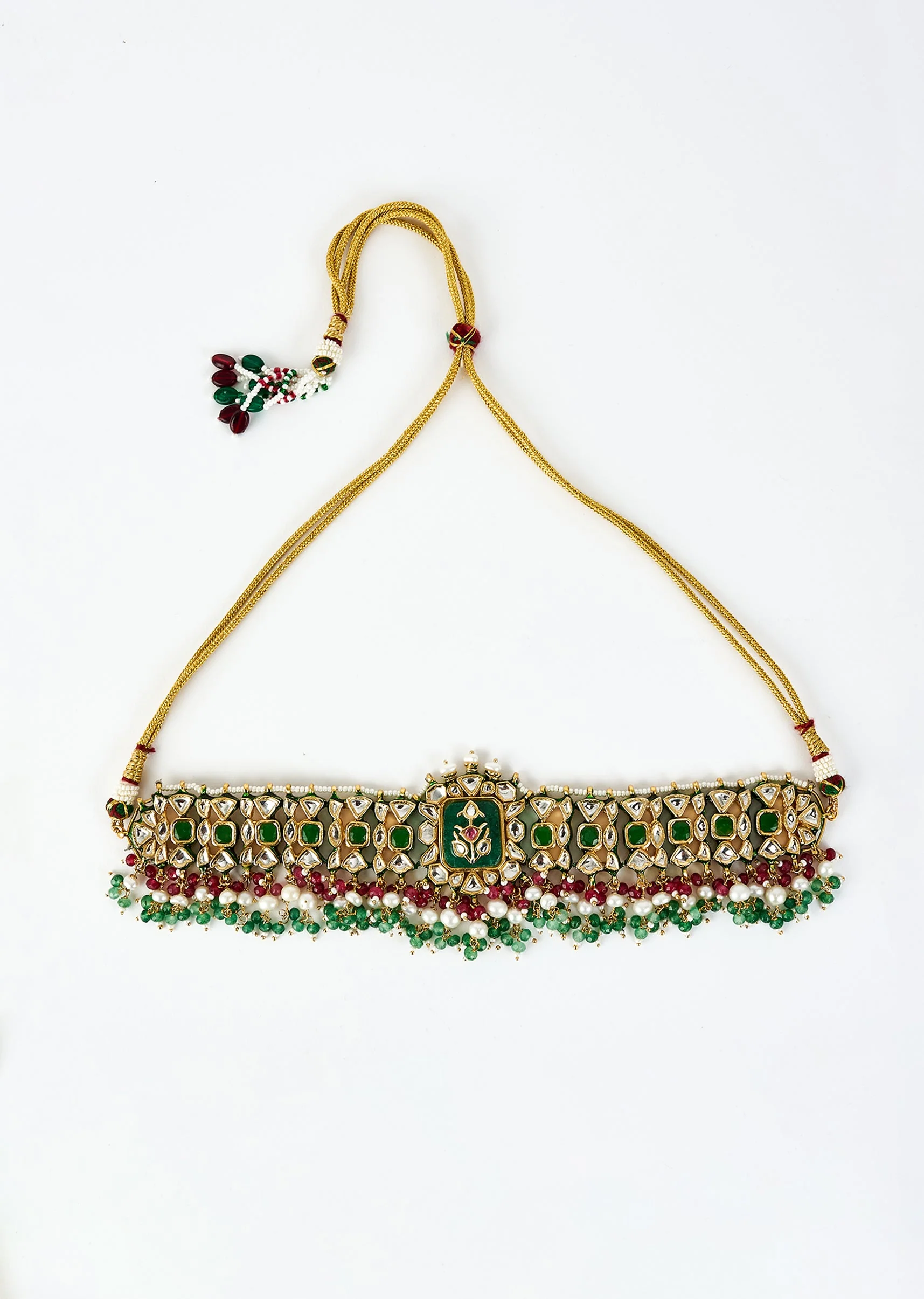 Green Kundan Polki Choker Necklace Set With Earrings