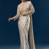 Gold Ready Pleated Saree With Full Sleeve Pearl Detailed Blouse