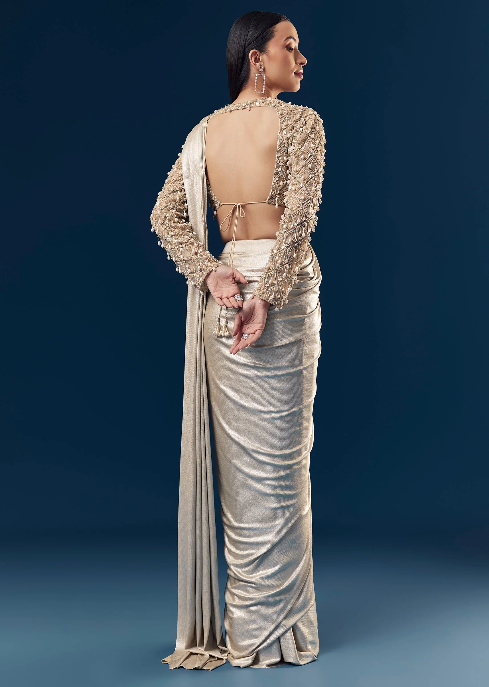 Gold Ready Pleated Saree With Full Sleeve Pearl Detailed Blouse