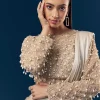 Gold Ready Pleated Saree With Full Sleeve Pearl Detailed Blouse