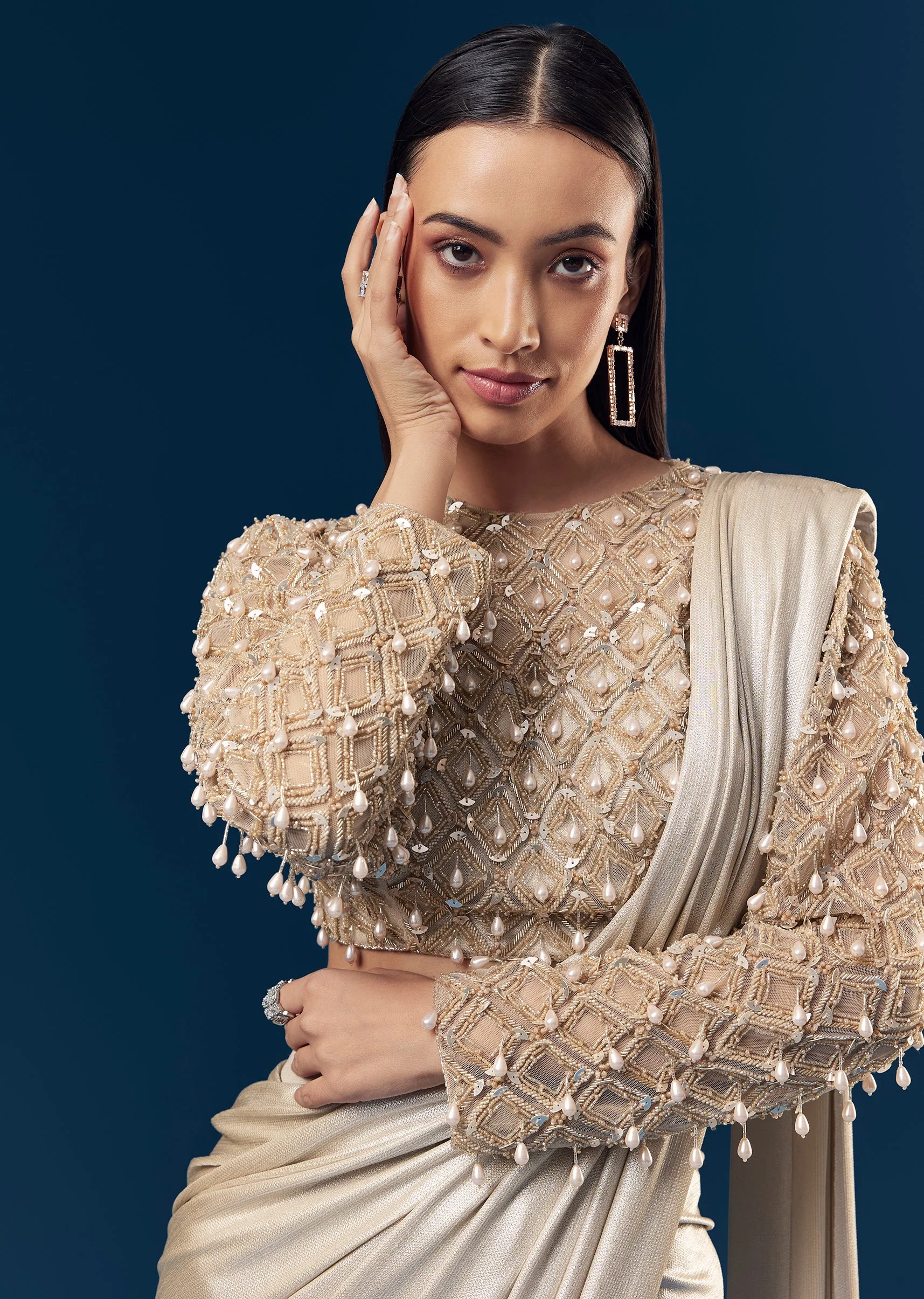 Gold Ready Pleated Saree With Full Sleeve Pearl Detailed Blouse
