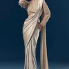 Gold Ready Pleated Saree With Full Sleeve Pearl Detailed Blouse