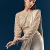 Gold Ready Pleated Saree With Full Sleeve Pearl Detailed Blouse