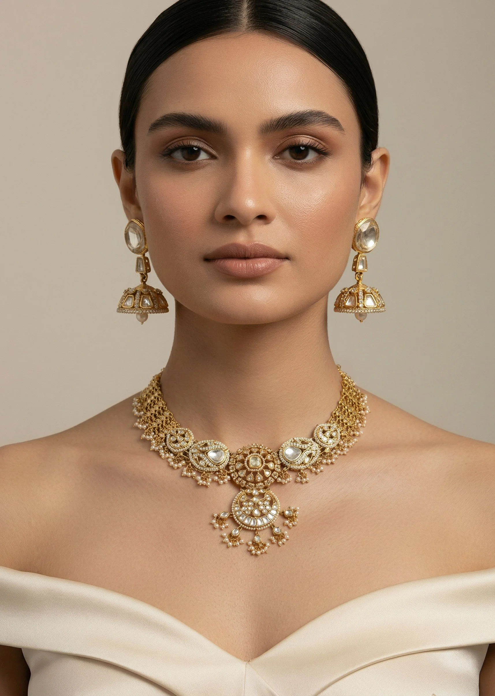 Gold Plated Kundan Polki Short Necklace Set With Earrings