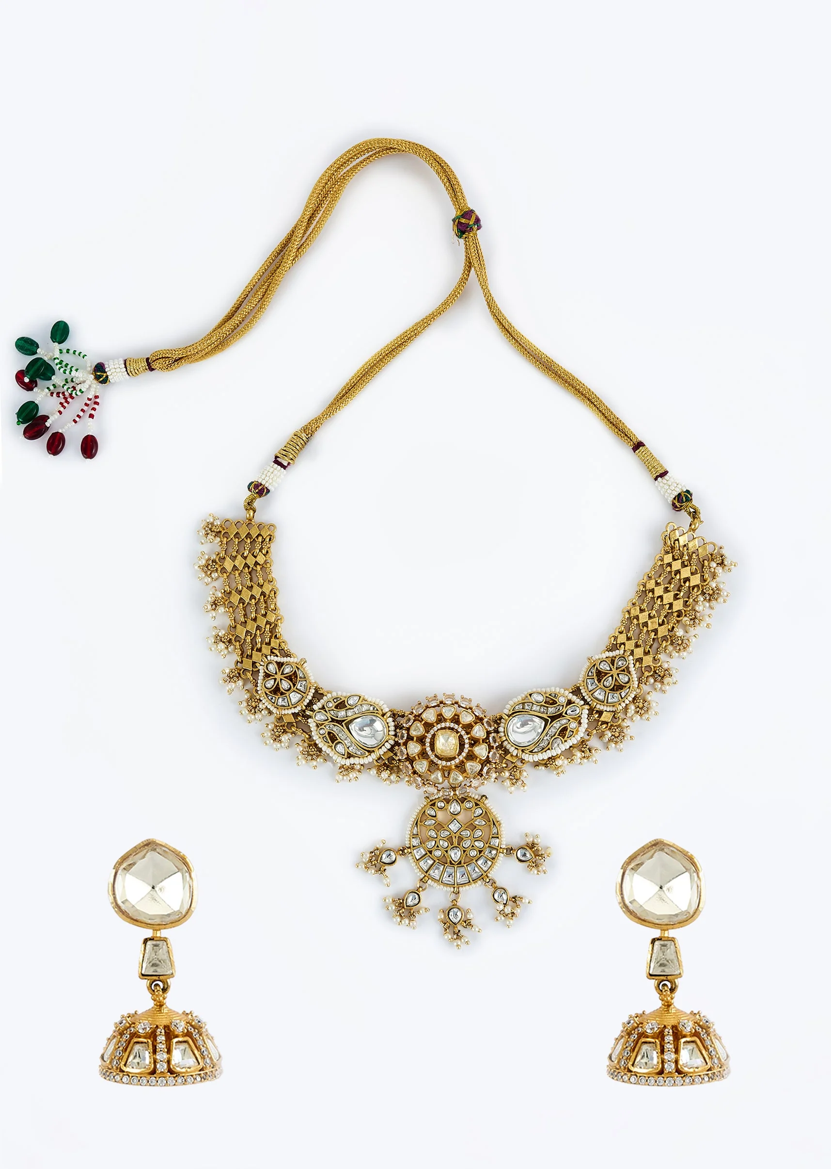 Gold Plated Kundan Polki Short Necklace Set With Earrings