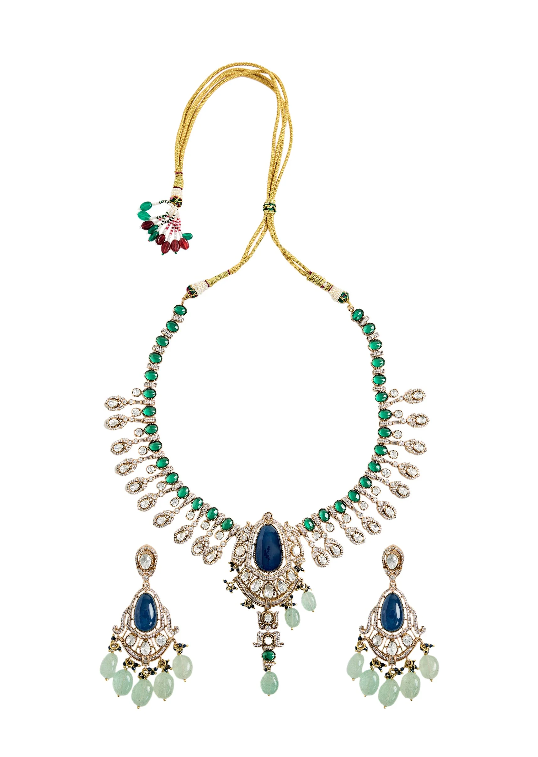 Royal Blue Stone And Green Beaded Kundan Necklace Set