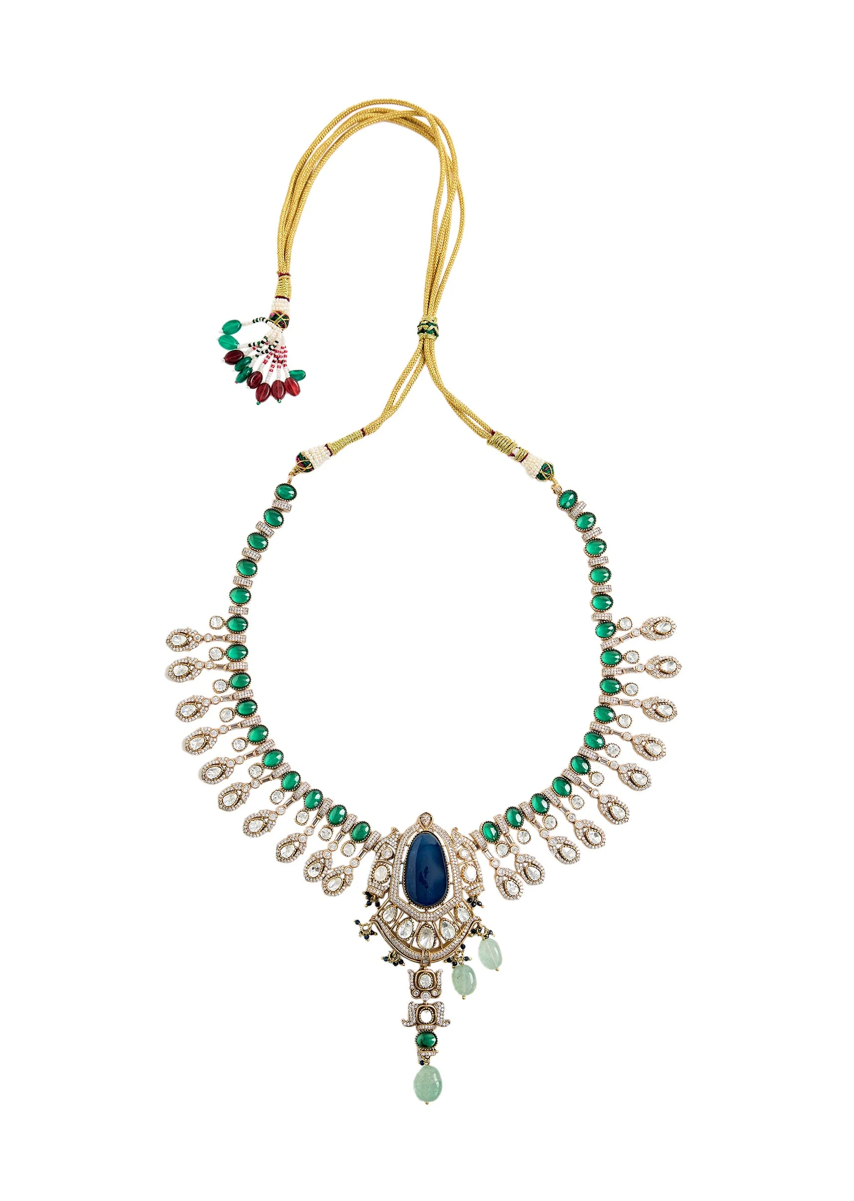 Royal Blue Stone And Green Beaded Kundan Necklace Set