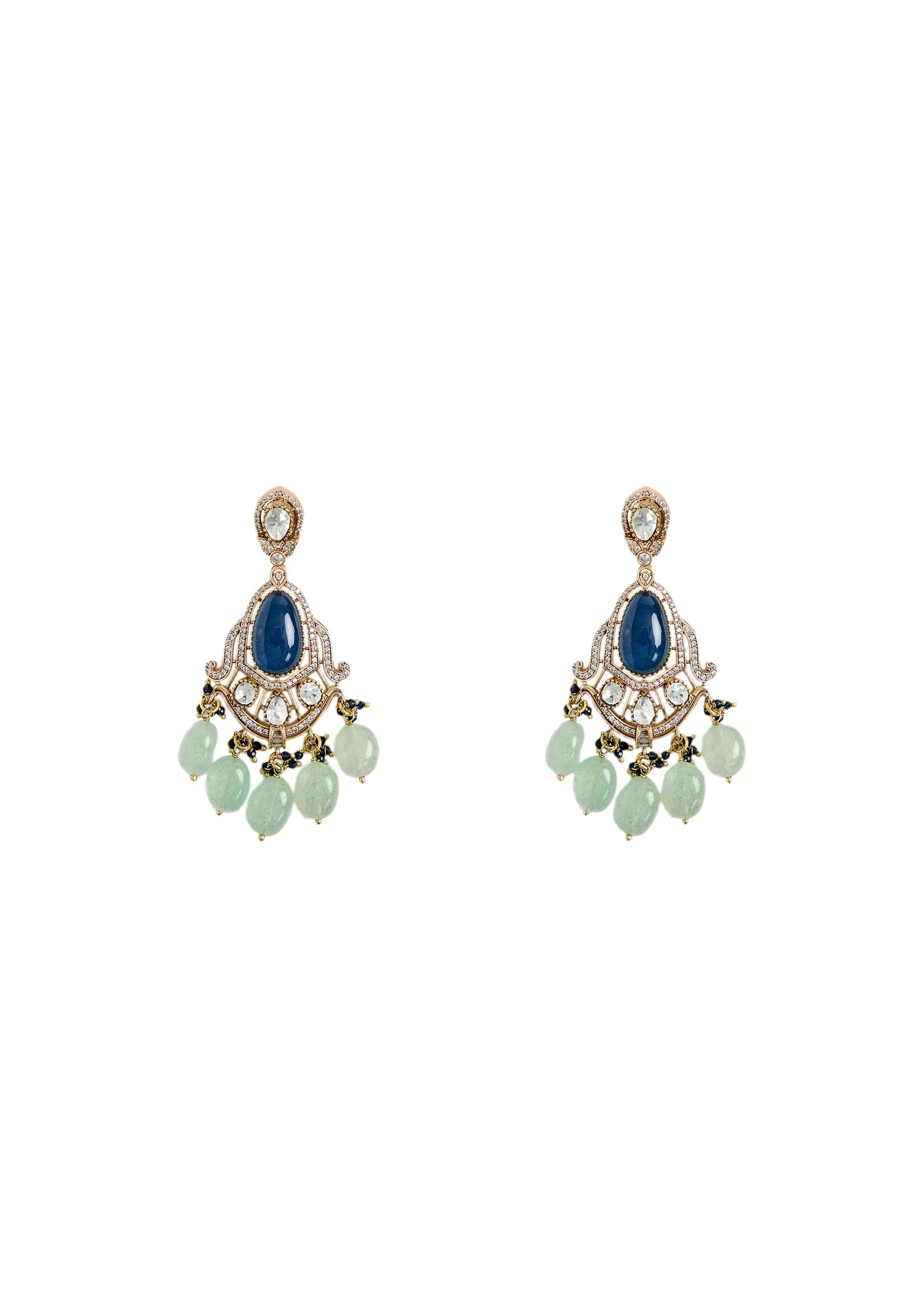 Royal Blue Stone And Green Beaded Kundan Necklace Set