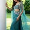 Hand Embroidered Blouse And Drape Skirt With Cape