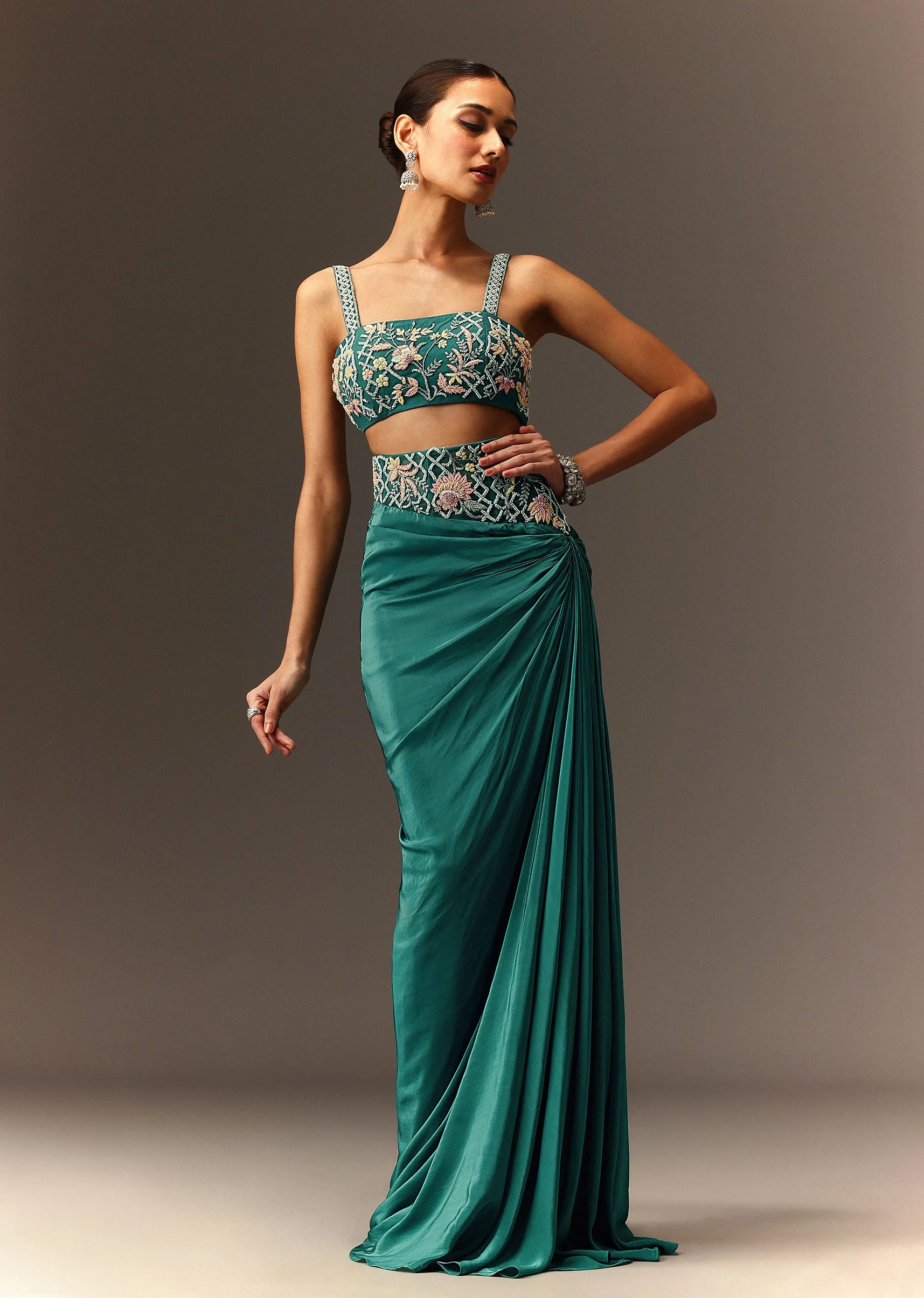 Hand Embroidered Blouse And Drape Skirt With Cape
