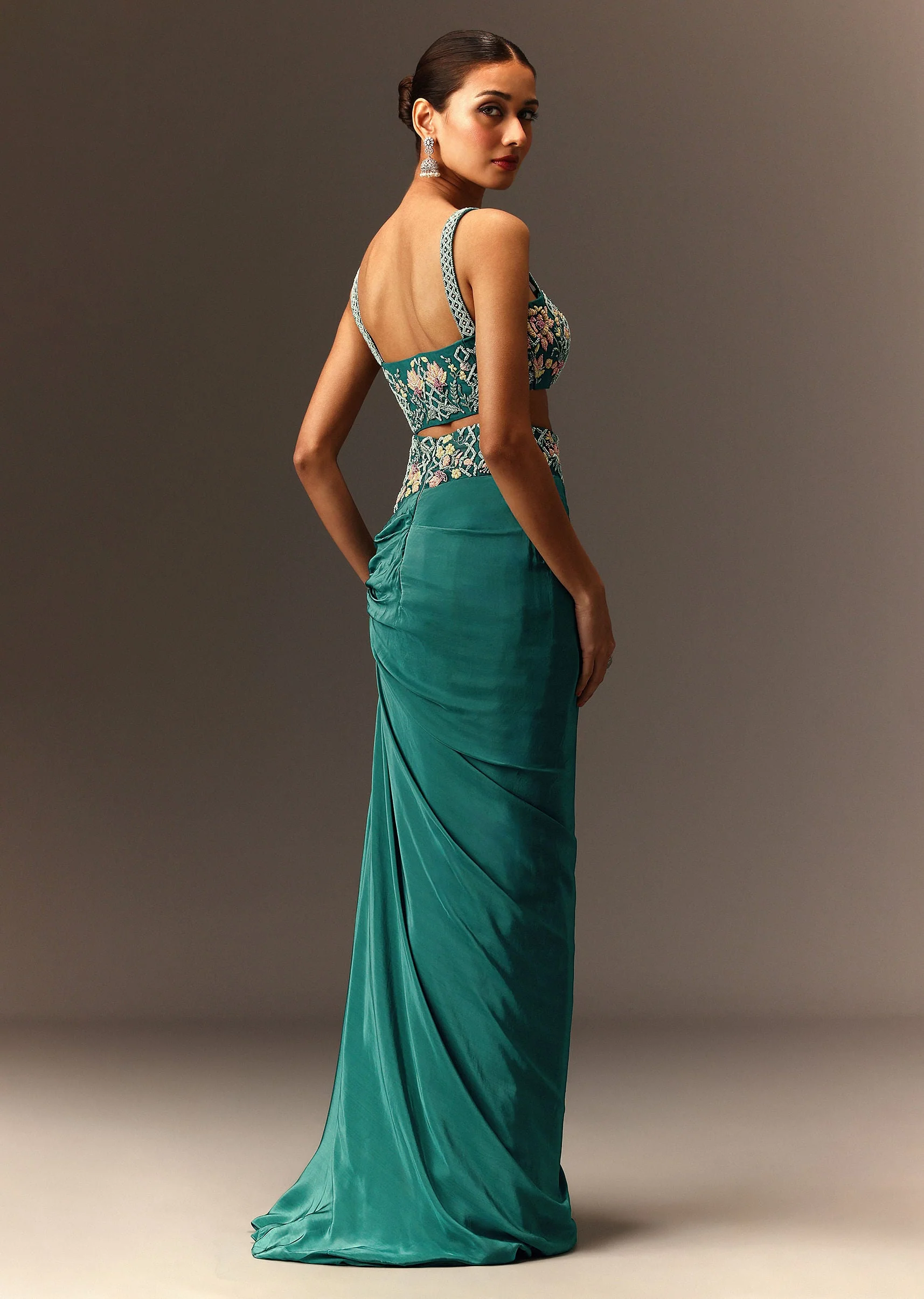 Hand Embroidered Blouse And Drape Skirt With Cape
