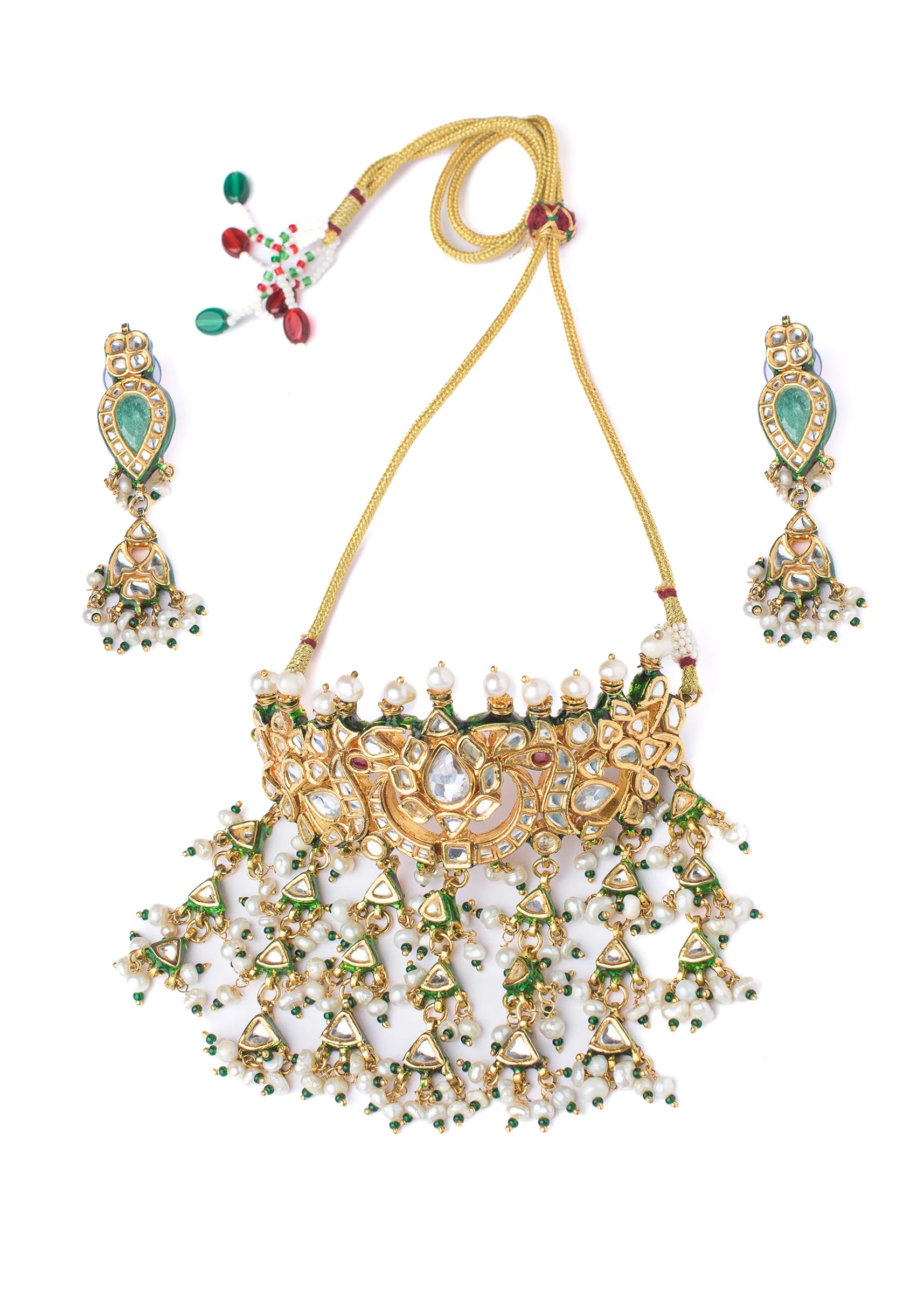 Gold Necklace Set With Stones And Pearl Tassels