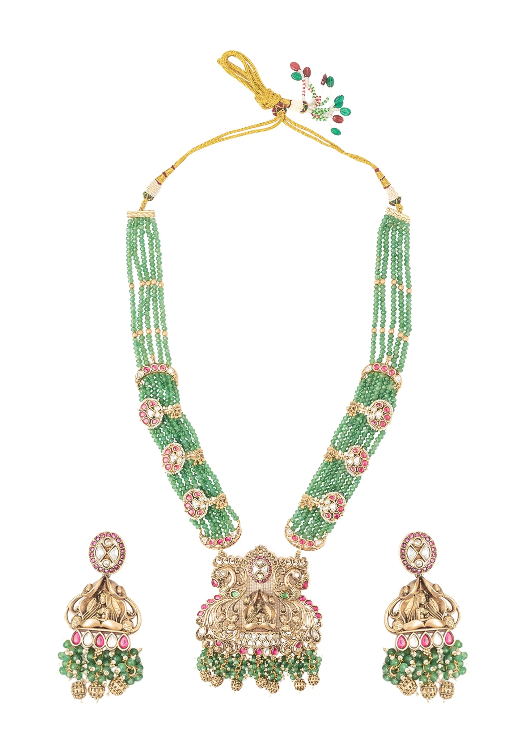 Green Beaded Necklace Set With Floral Accents And Pendant