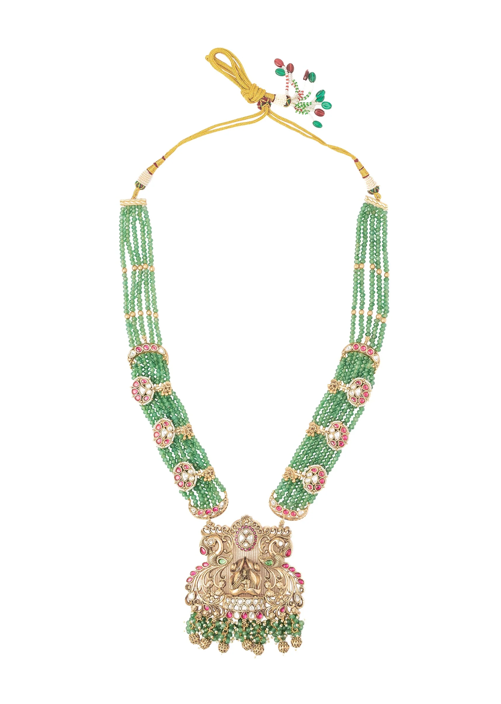 Green Beaded Necklace Set With Floral Accents And Pendant