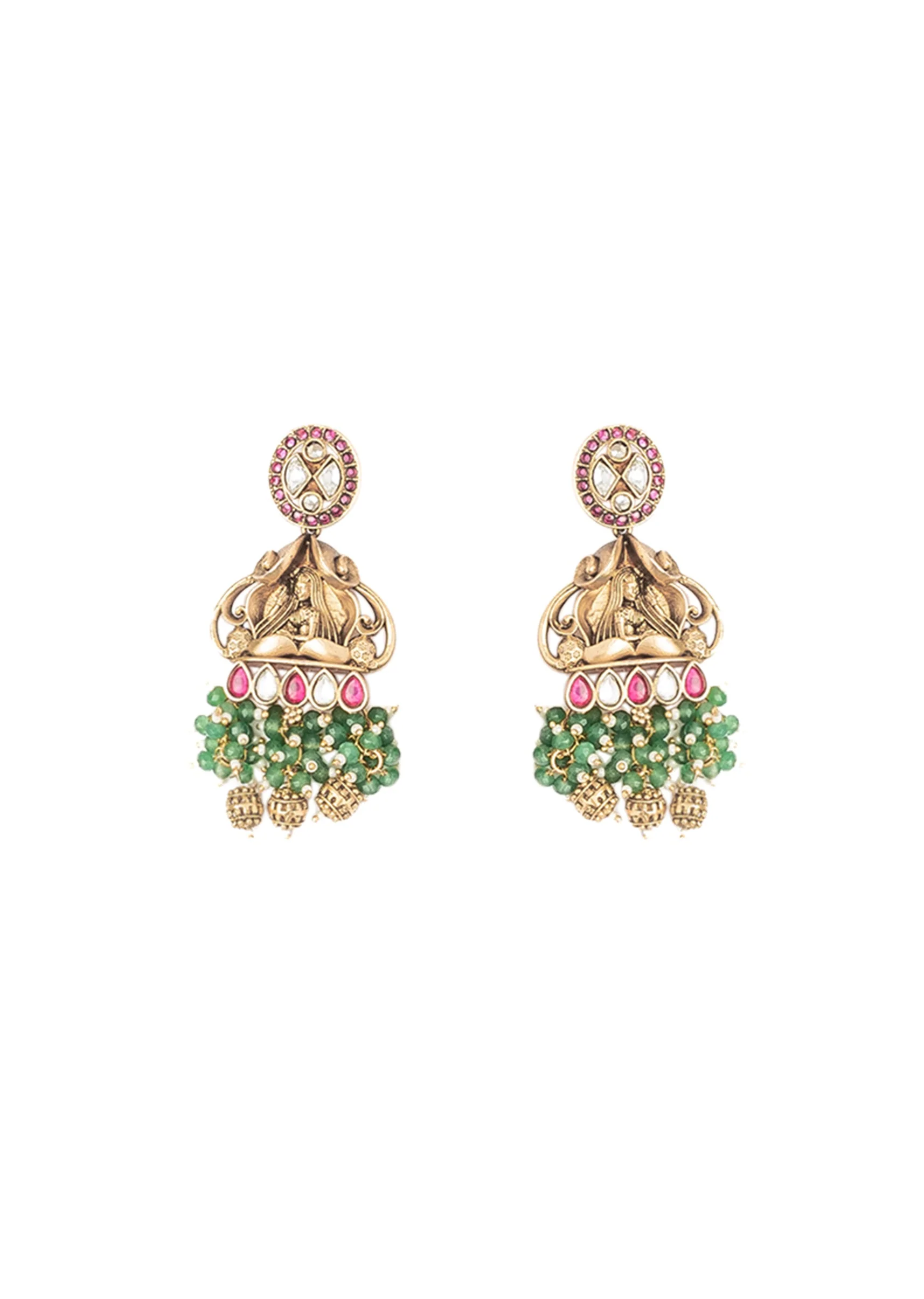 Green Beaded Necklace Set With Floral Accents And Pendant