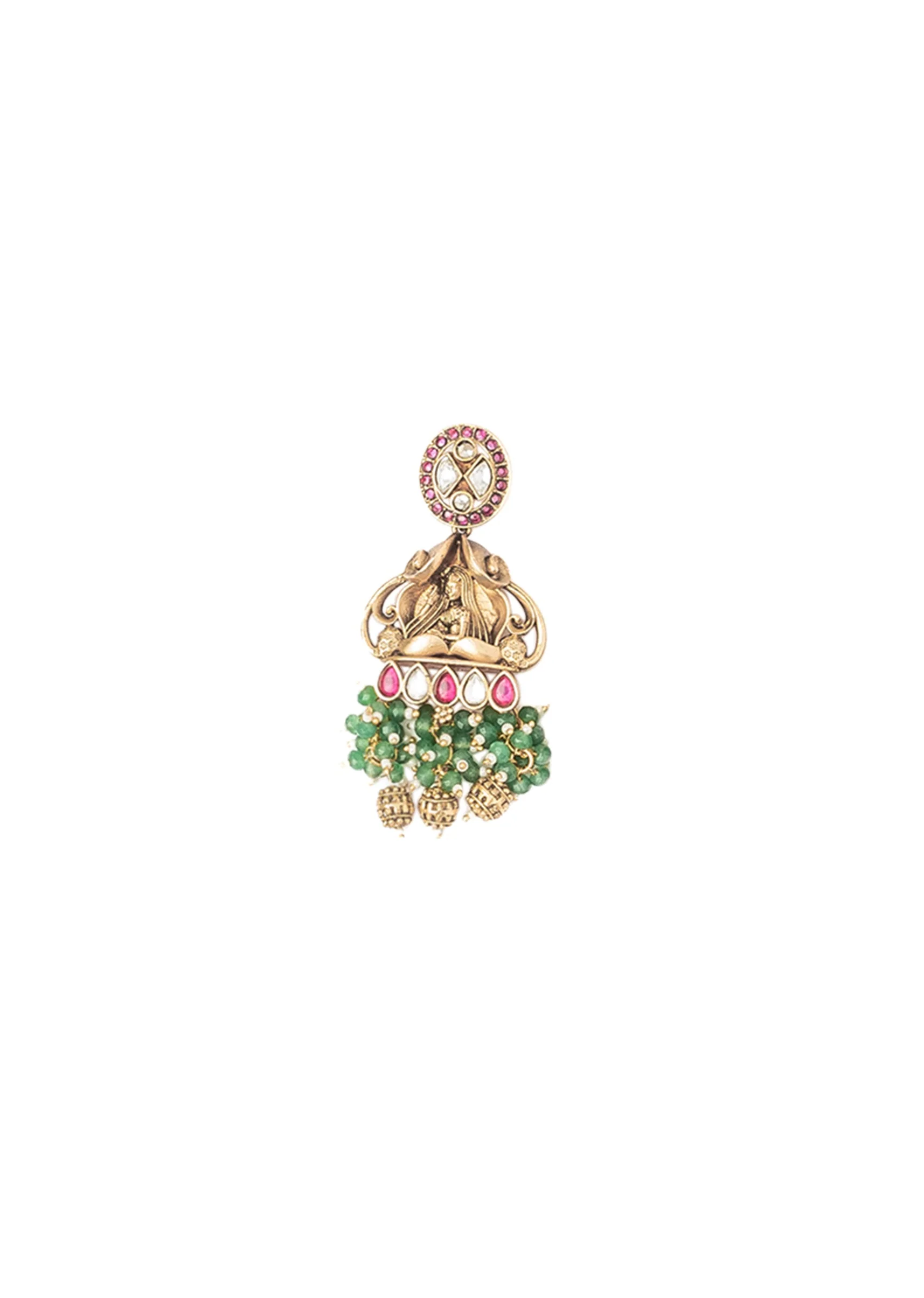 Green Beaded Necklace Set With Floral Accents And Pendant