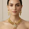 Gold Plated Necklace Set With Floral Design And Pink Green Stones
