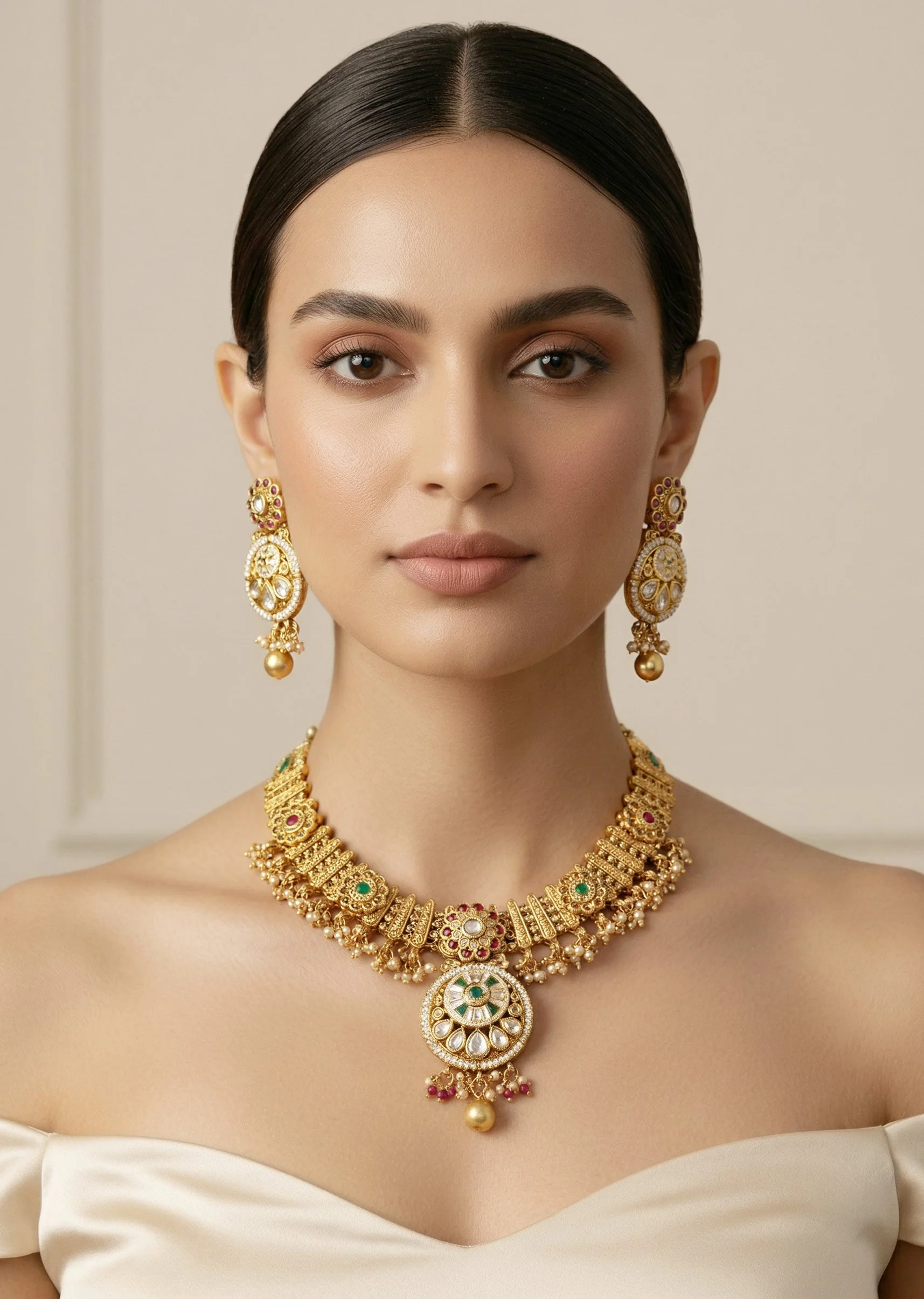 Gold Plated Necklace Set With Floral Design And Pink Green Stones