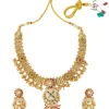 Gold Plated Necklace Set With Floral Design And Pink Green Stones