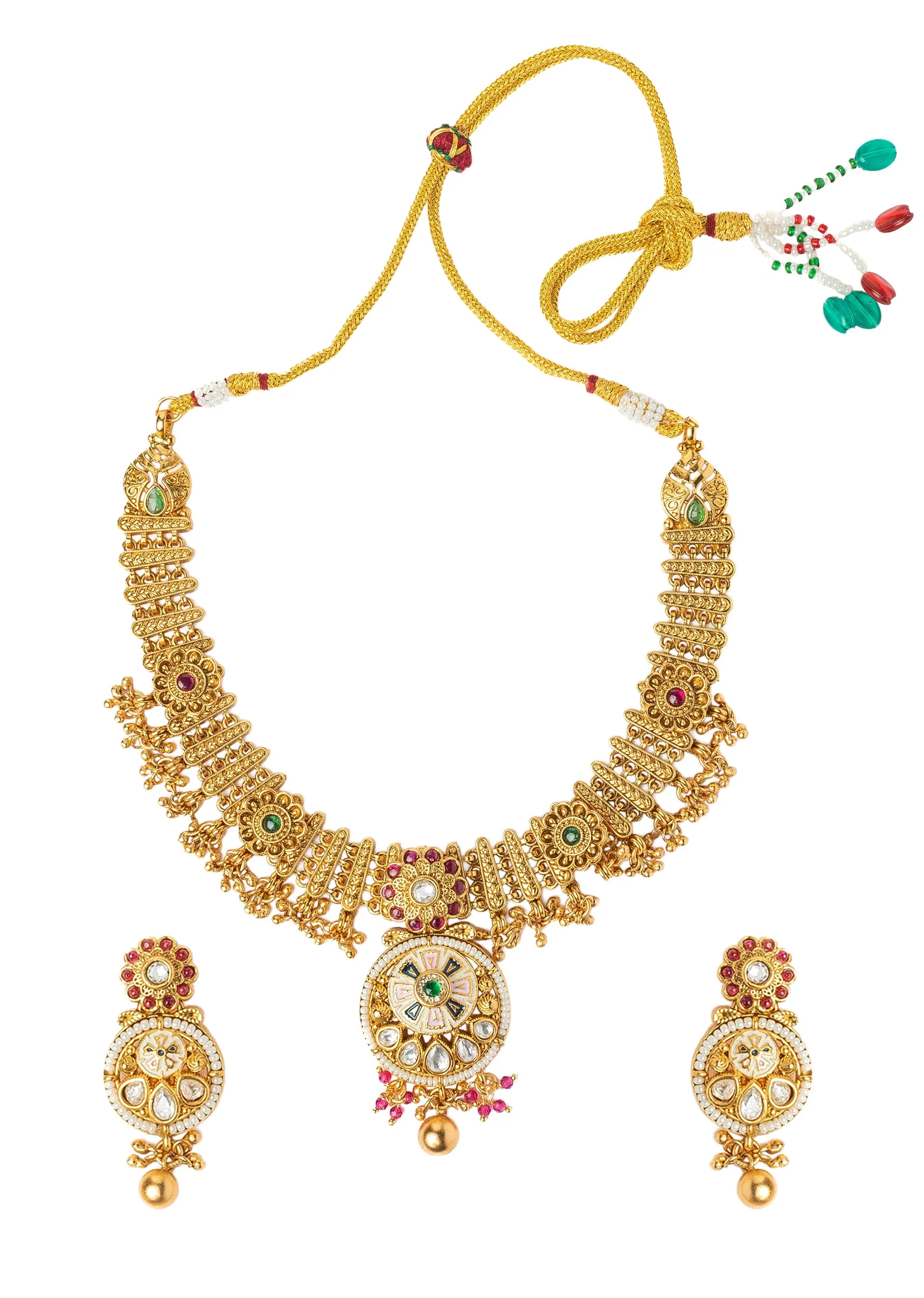 Gold Plated Necklace Set With Floral Design And Pink Green Stones