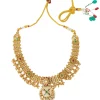 Gold Plated Necklace Set With Floral Design And Pink Green Stones