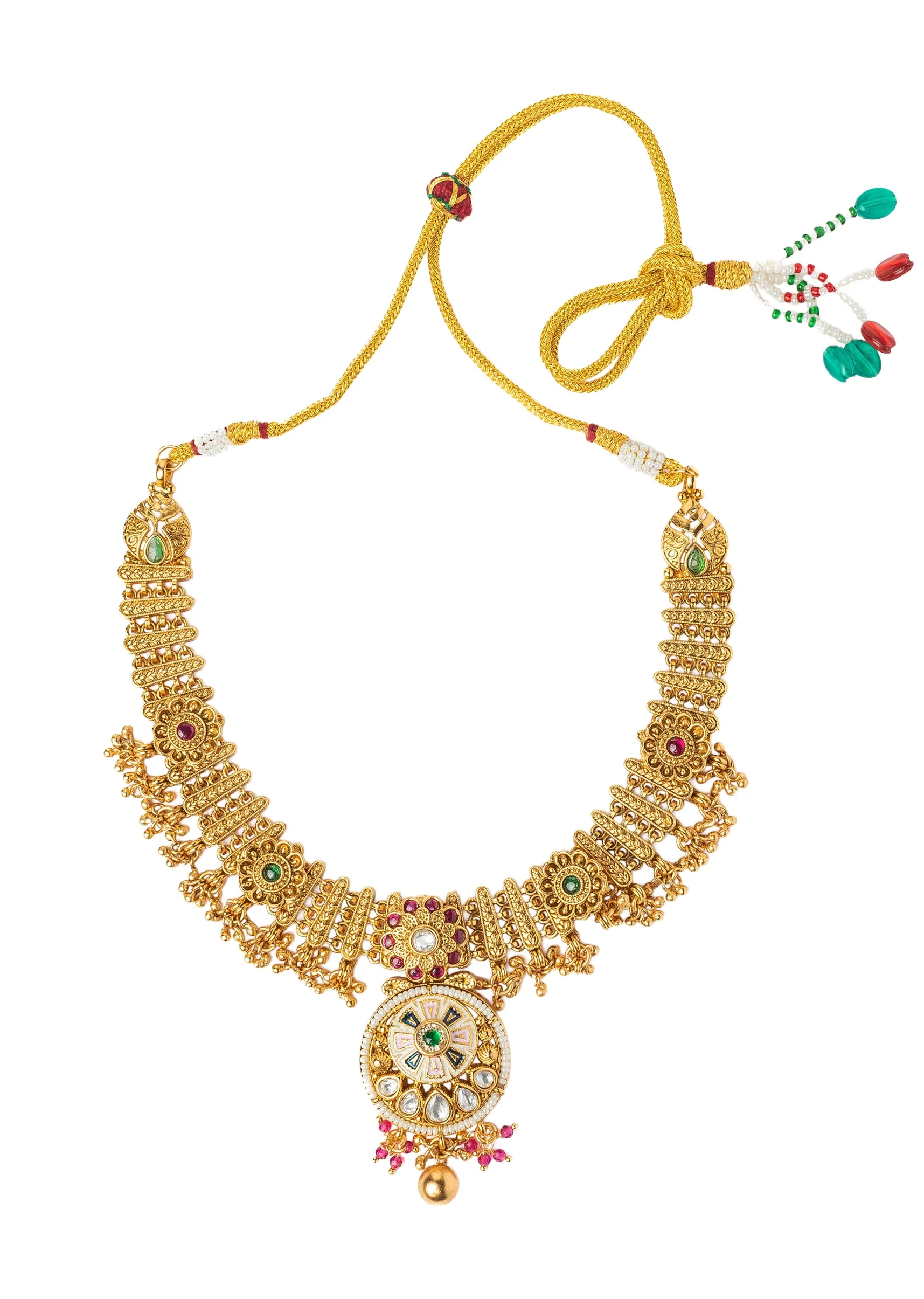 Gold Plated Necklace Set With Floral Design And Pink Green Stones