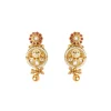 Gold Plated Necklace Set With Floral Design And Pink Green Stones