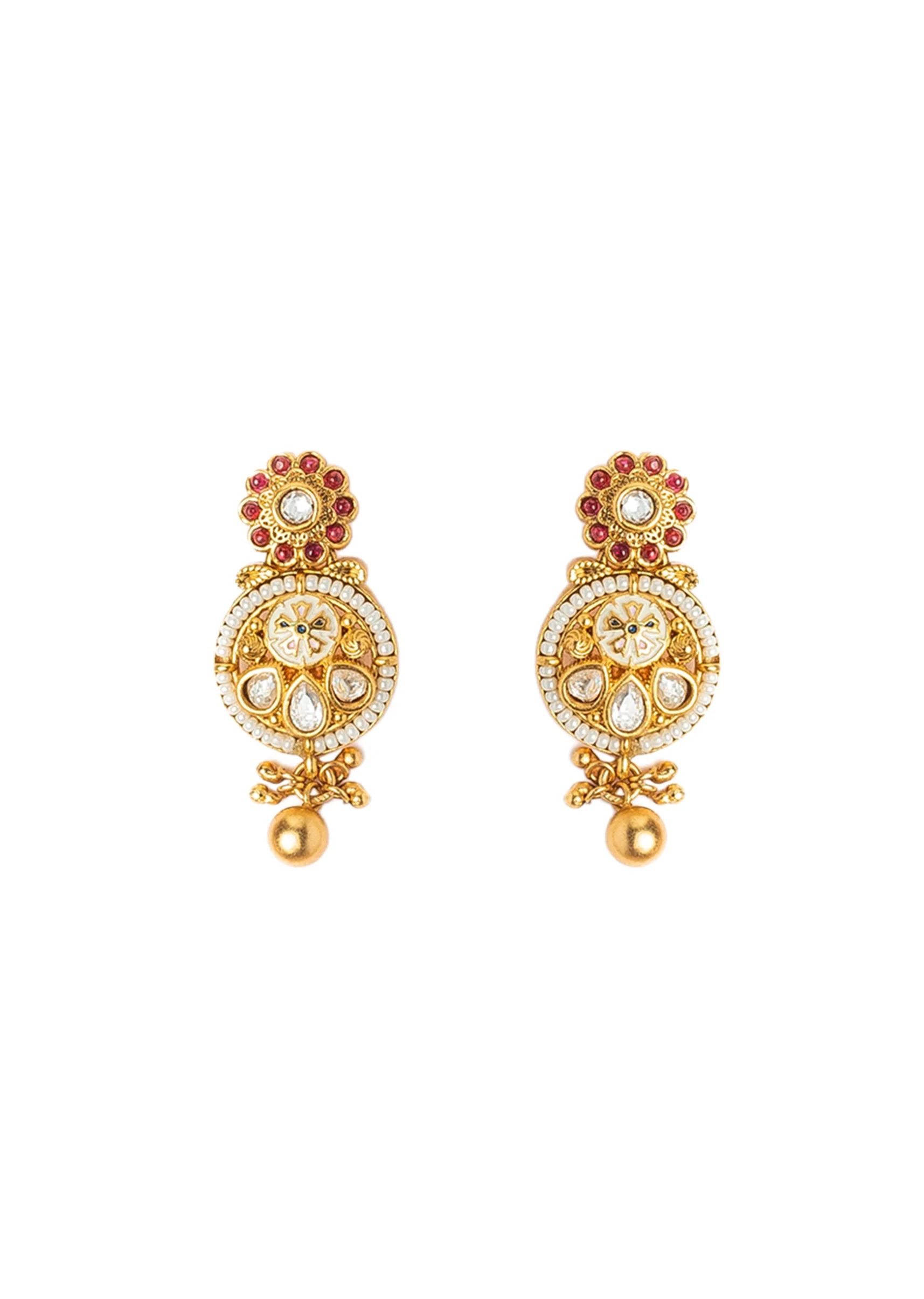Gold Plated Necklace Set With Floral Design And Pink Green Stones