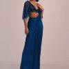 Blue Hand Embroidered Ready Pleated Saree And Blouse In Crepe