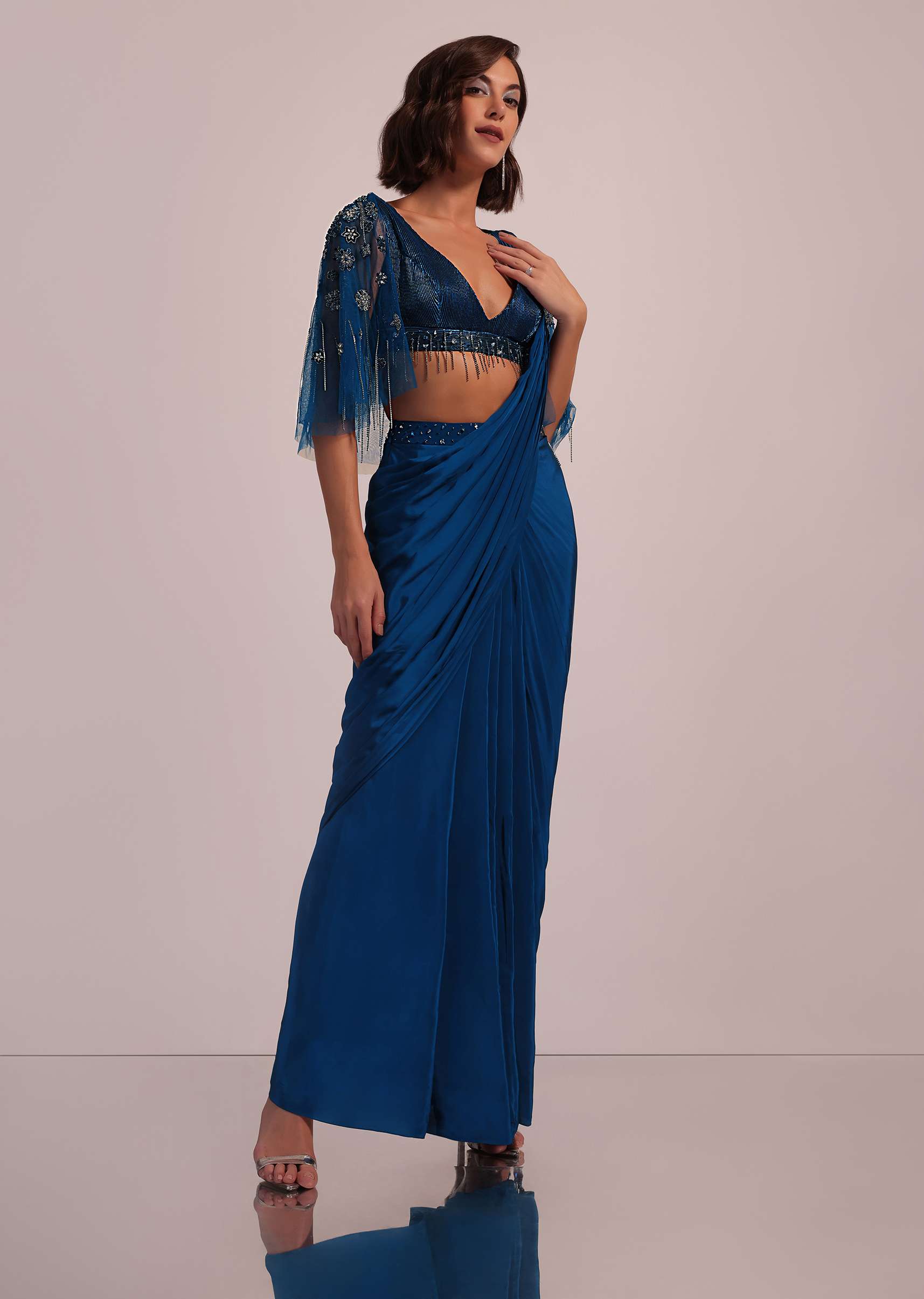 Blue Hand Embroidered Ready Pleated Saree And Blouse In Crepe