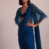 Blue Hand Embroidered Ready Pleated Saree And Blouse In Crepe