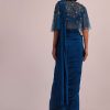 Blue Hand Embroidered Ready Pleated Saree And Blouse In Crepe