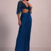 Blue Hand Embroidered Ready Pleated Saree And Blouse In Crepe