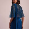 Blue Hand Embroidered Ready Pleated Saree And Blouse In Crepe