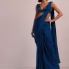 Blue Hand Embroidered Ready Pleated Saree And Blouse In Crepe