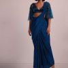 Blue Hand Embroidered Ready Pleated Saree And Blouse In Crepe