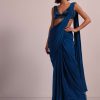 Blue Hand Embroidered Ready Pleated Saree And Blouse In Crepe