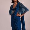 Blue Hand Embroidered Ready Pleated Saree And Blouse In Crepe