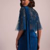 Blue Hand Embroidered Ready Pleated Saree And Blouse In Crepe