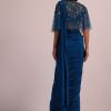 Blue Hand Embroidered Ready Pleated Saree And Blouse In Crepe