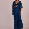 Blue Hand Embroidered Ready Pleated Saree And Blouse In Crepe