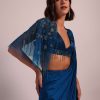 Blue Hand Embroidered Ready Pleated Saree And Blouse In Crepe