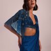Blue Hand Embroidered Ready Pleated Saree And Blouse In Crepe