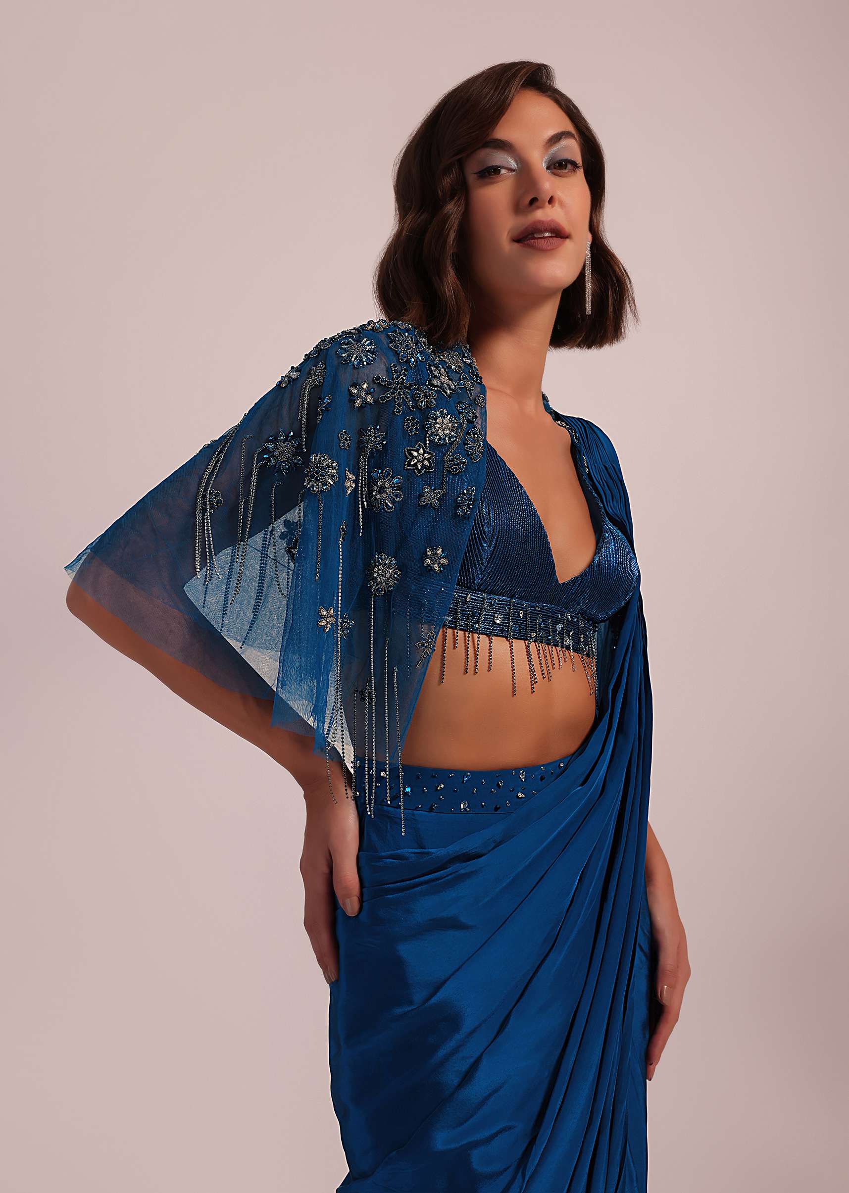 Blue Hand Embroidered Ready Pleated Saree And Blouse In Crepe