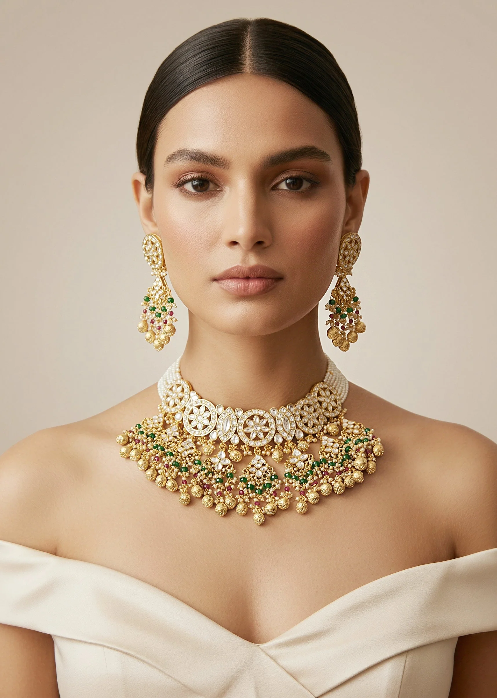 Gold Choker Set With Intricate Uncut Diamonds Pearls And Vibrant Gemstones